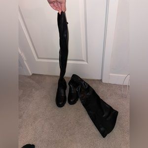 Black thigh high faux leather boots, worn once for a Halloween costume